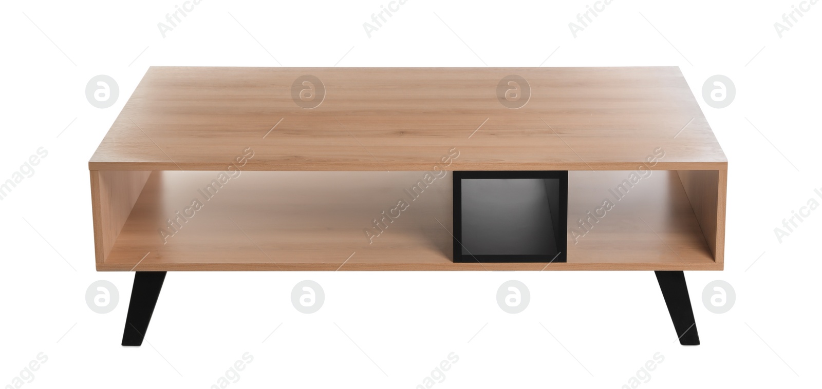 Photo of Stylish empty wooden cabinet isolated on white