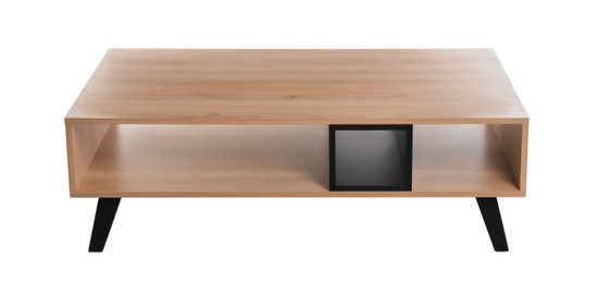 Photo of Stylish empty wooden cabinet isolated on white