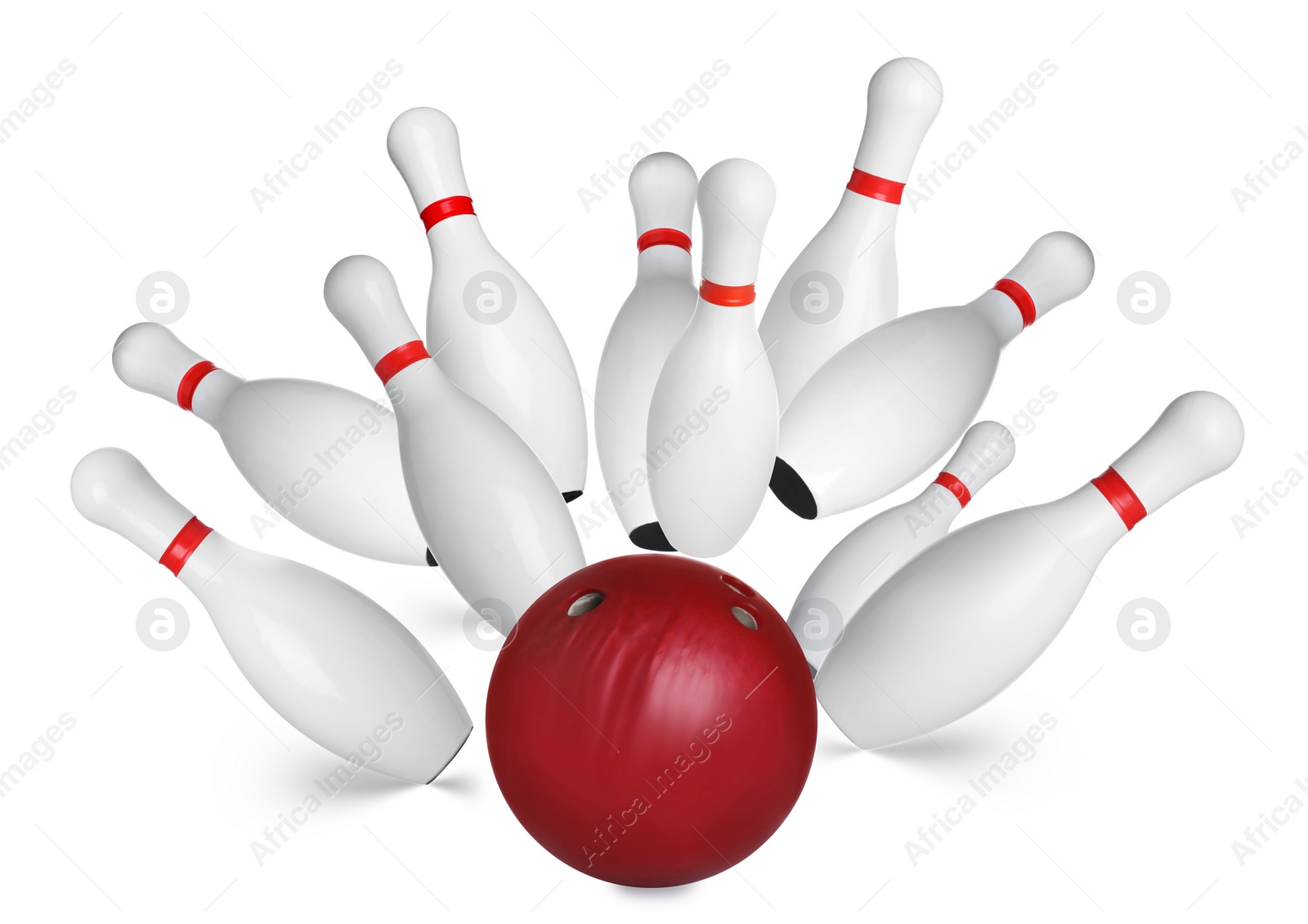 Image of Bowling pins and ball on white background