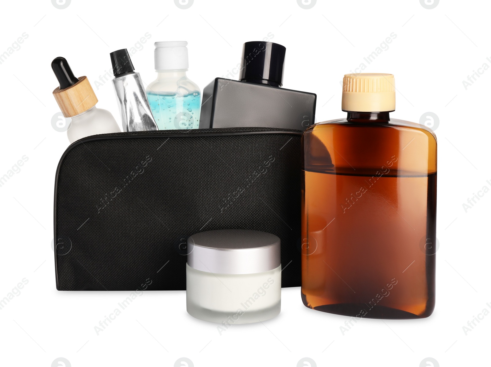 Photo of Preparation for spa. Compact toiletry bag and different cosmetic products isolated on white