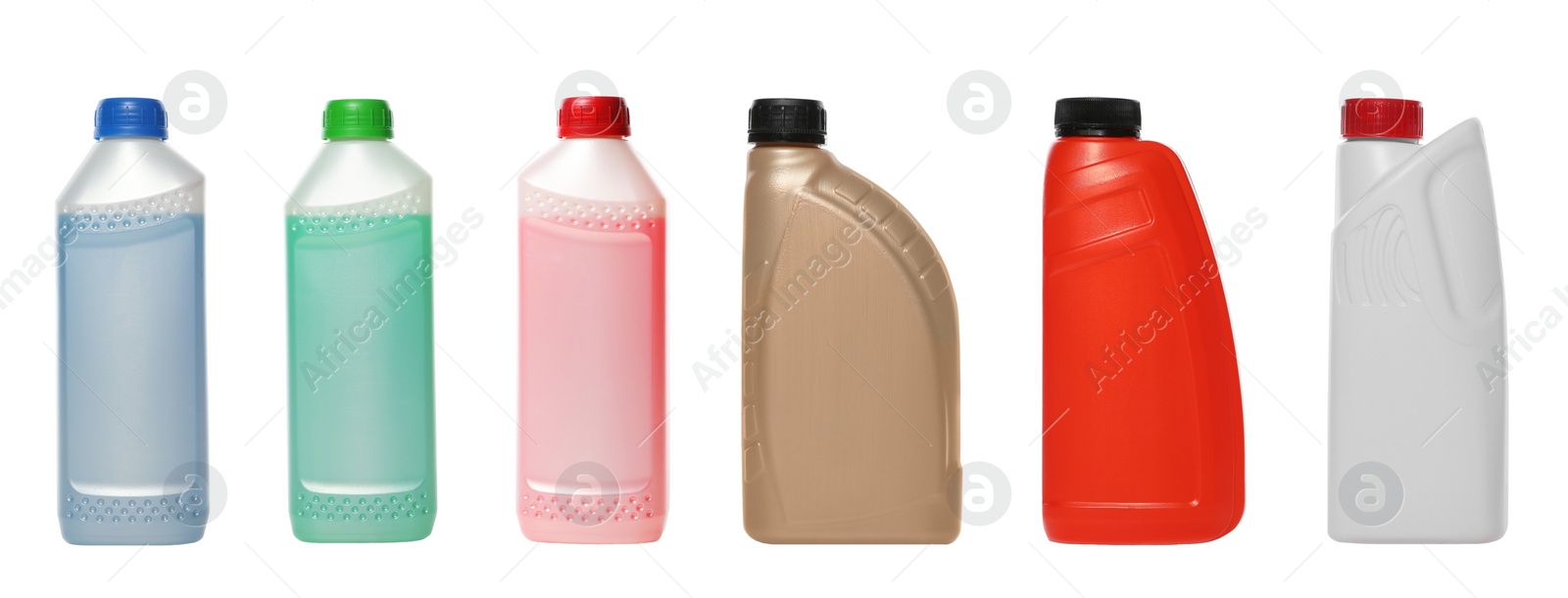 Image of Set with different bottles of cleaning products on white background, banner design. Household chemicals