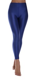 Photo of Woman with beautiful long legs wearing blue leggings on white background, closeup