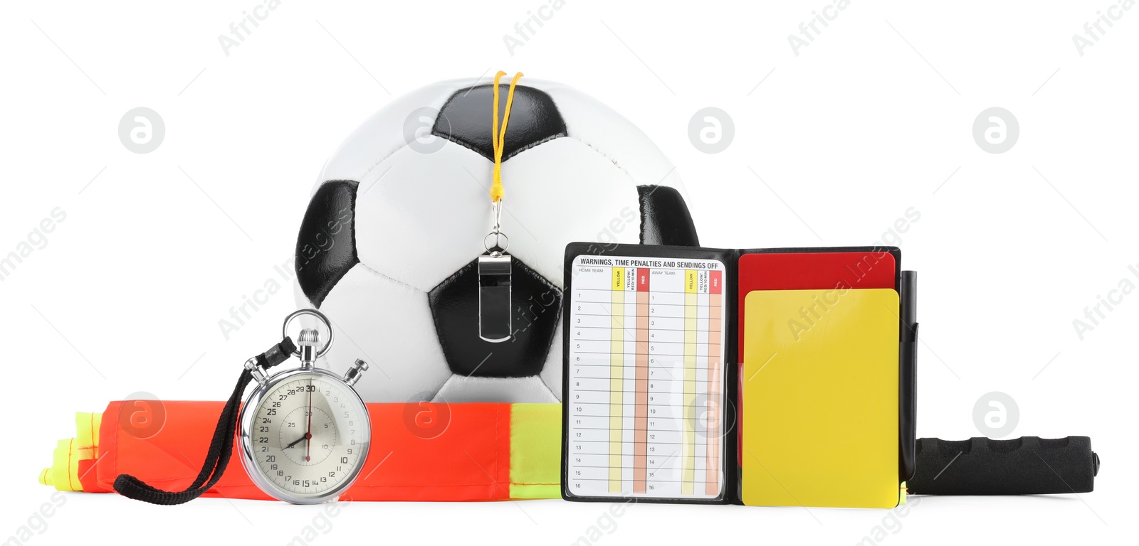 Photo of Soccer ball and different referee equipment isolated on white