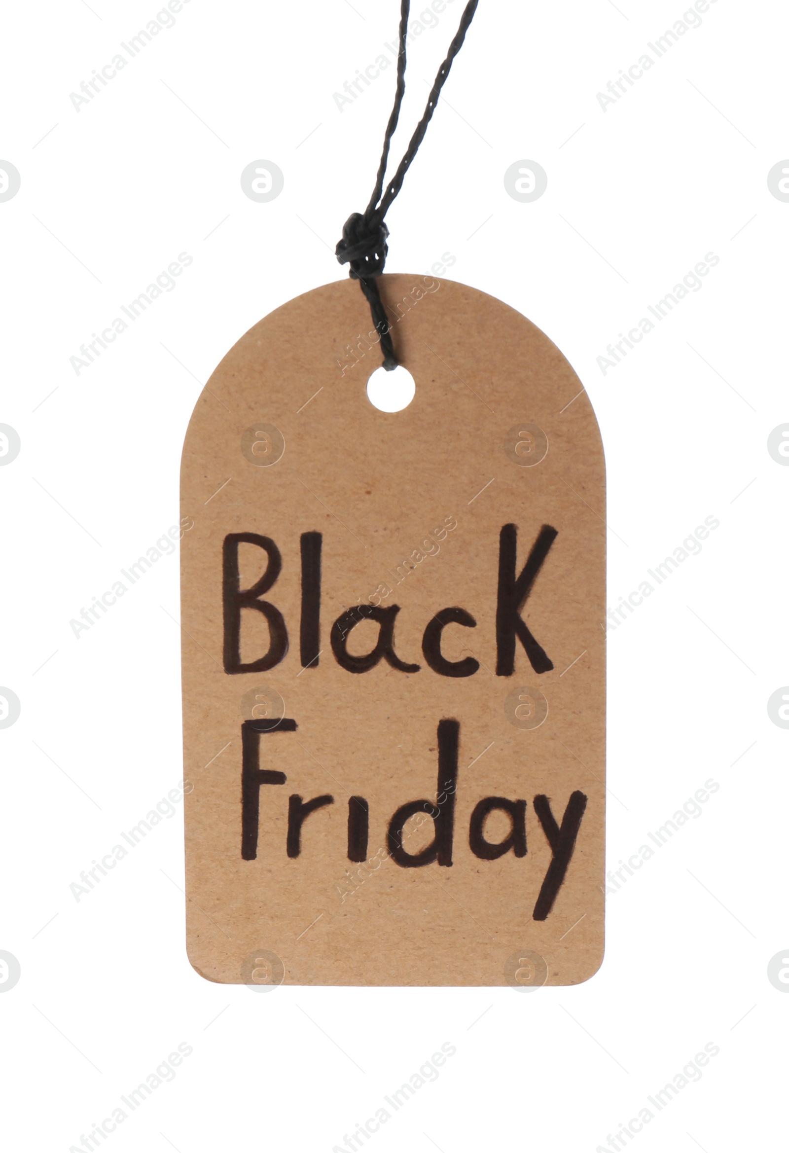 Photo of Tag with words BLACK FRIDAY hanging on white background