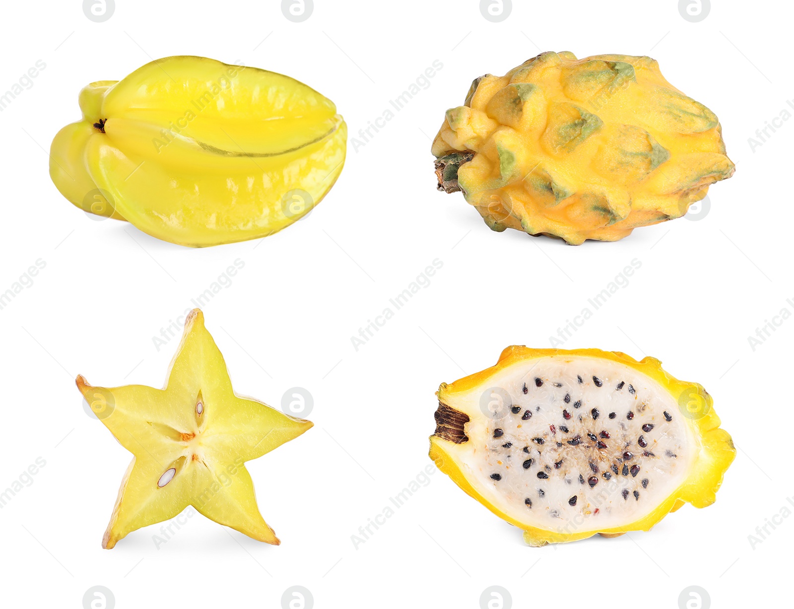 Image of Set with different delicious exotic fruits on white background