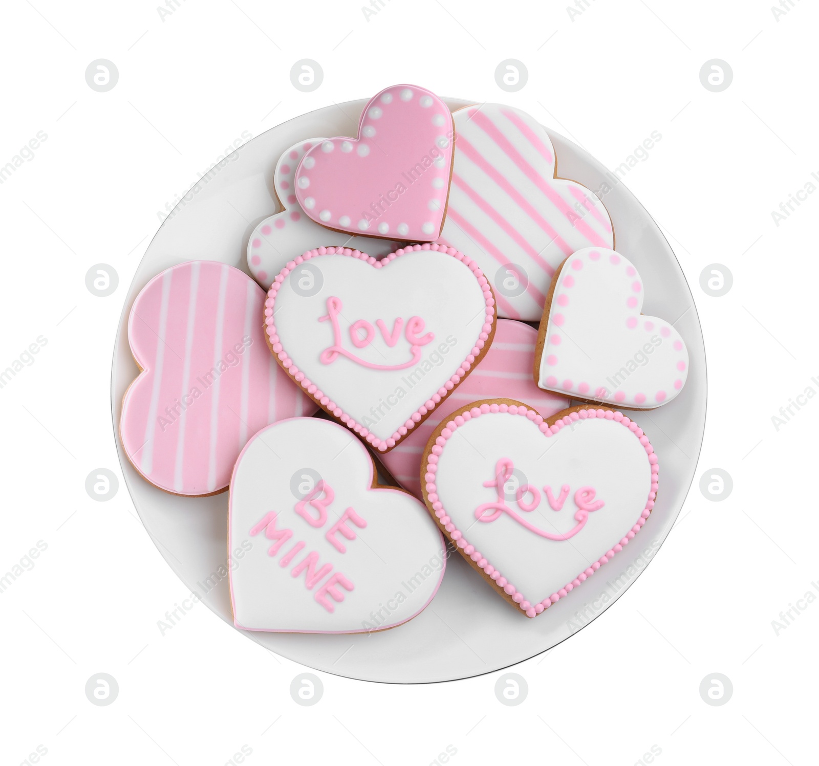 Photo of Delicious heart shaped cookies on white background, top view. Valentine's Day