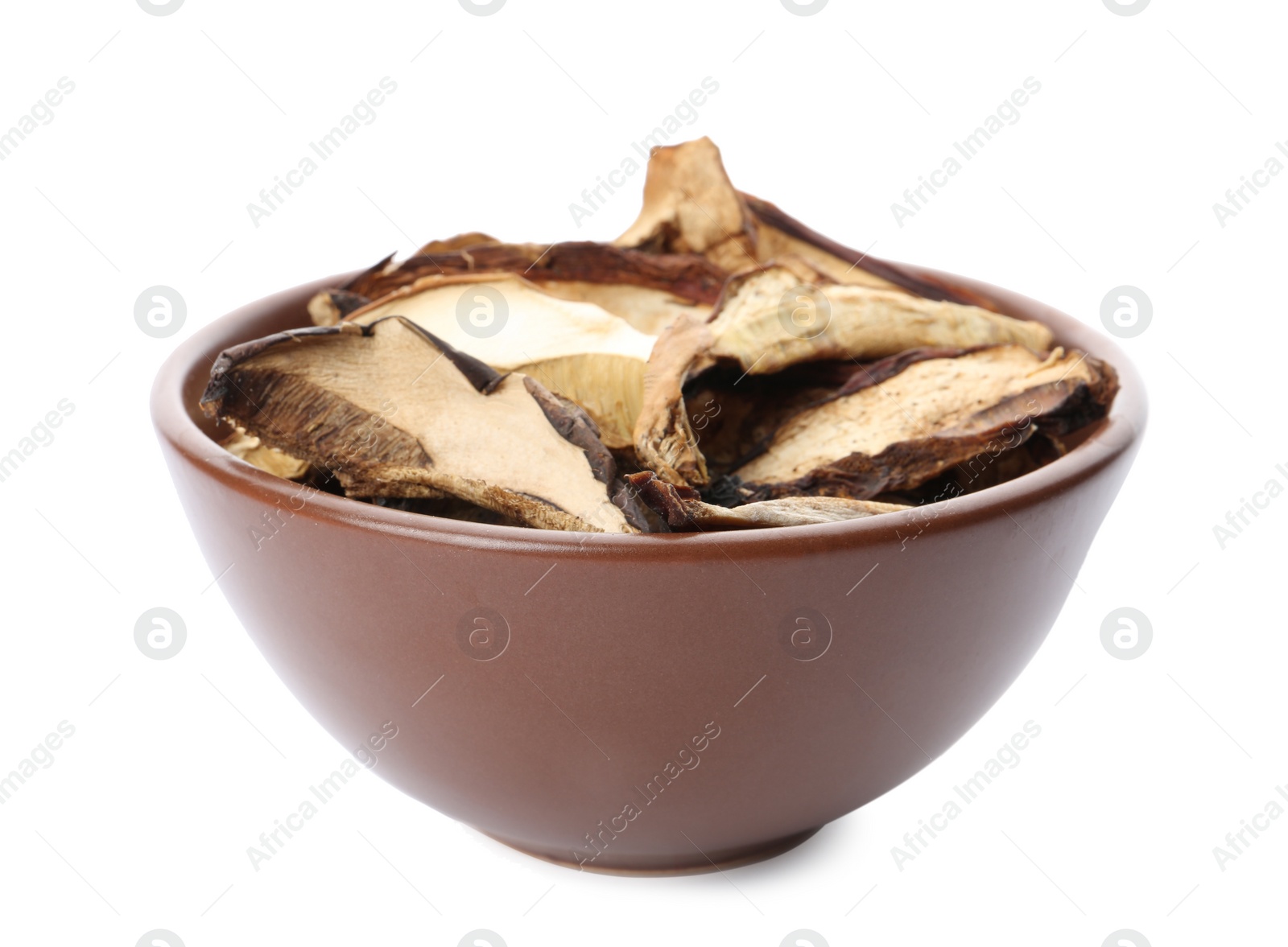 Photo of Bowl of dried mushrooms isolated on white