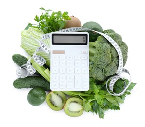 Photo of Calculator, measuring tape and food products on white background, top view. Weight loss concept