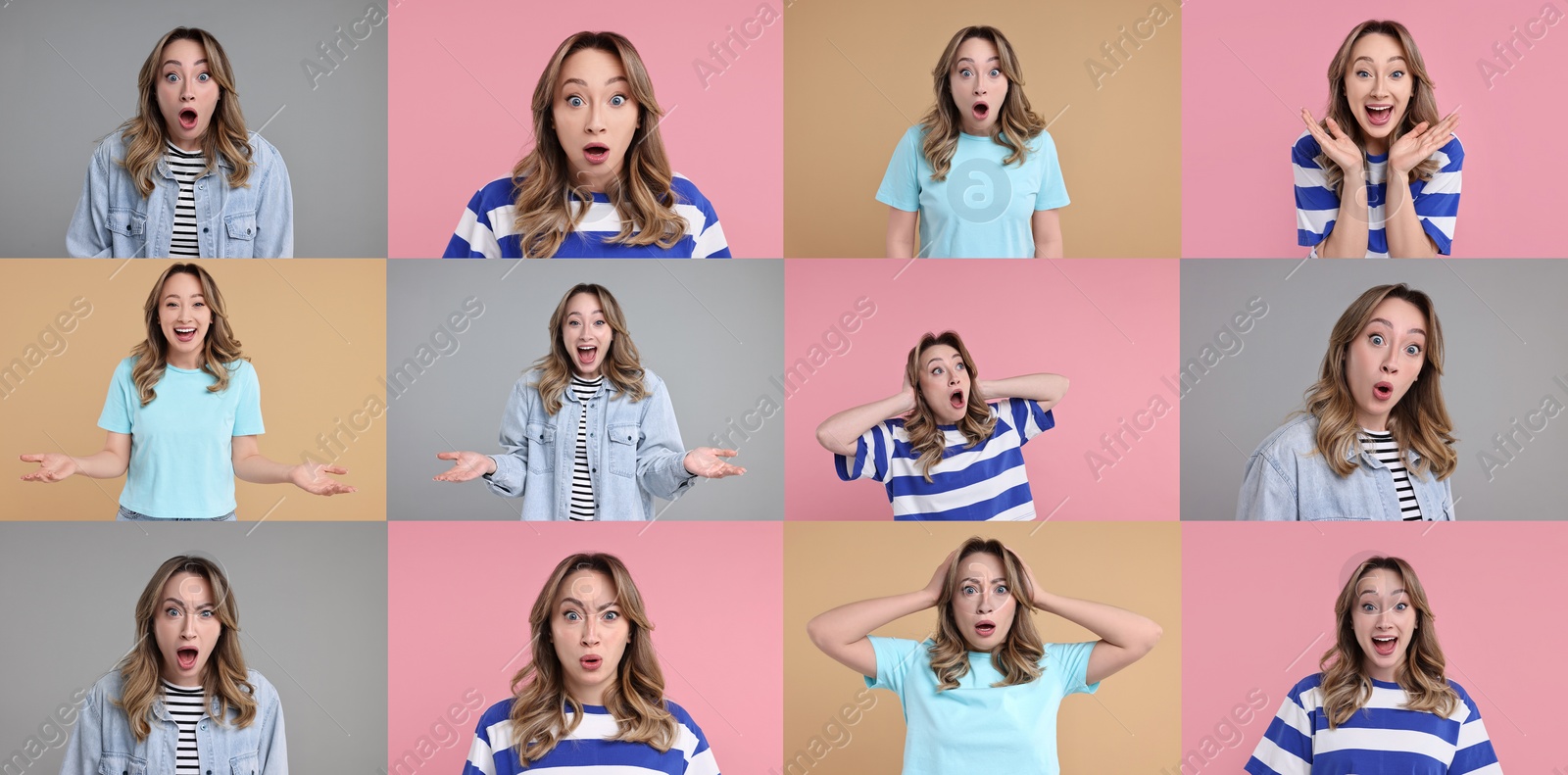 Image of Collage with photos of surprised woman on different color backgrounds