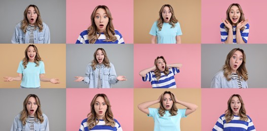 Image of Collage with photos of surprised woman on different color backgrounds