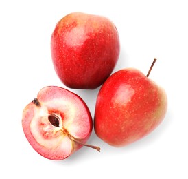 Tasty apples with red pulp isolated on white, top view