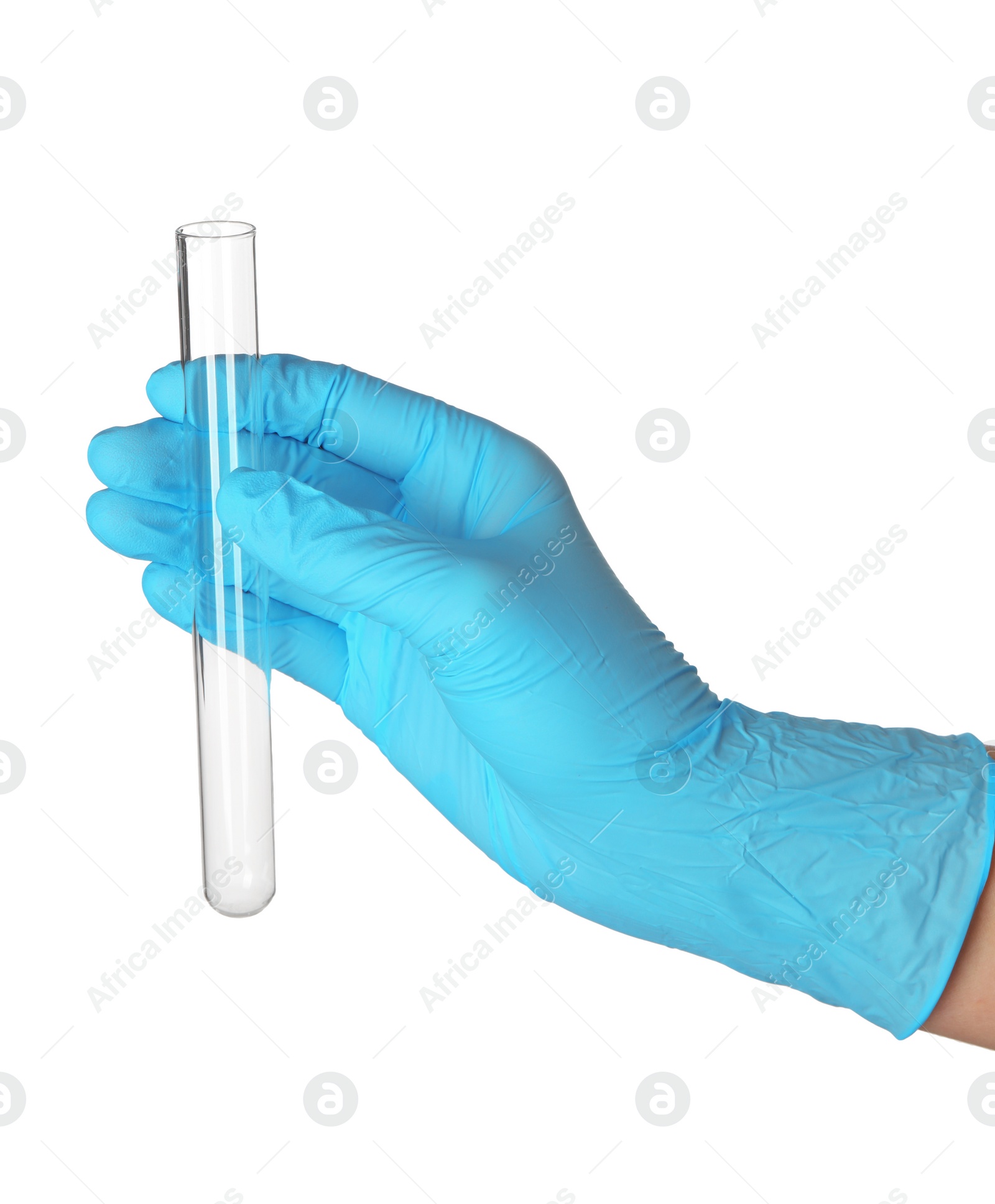 Photo of Scientist with test tube on white background, closeup. Laboratory glassware