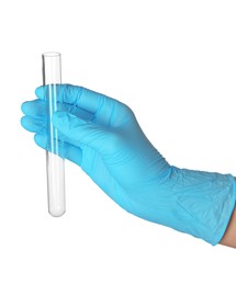 Photo of Scientist with test tube on white background, closeup. Laboratory glassware