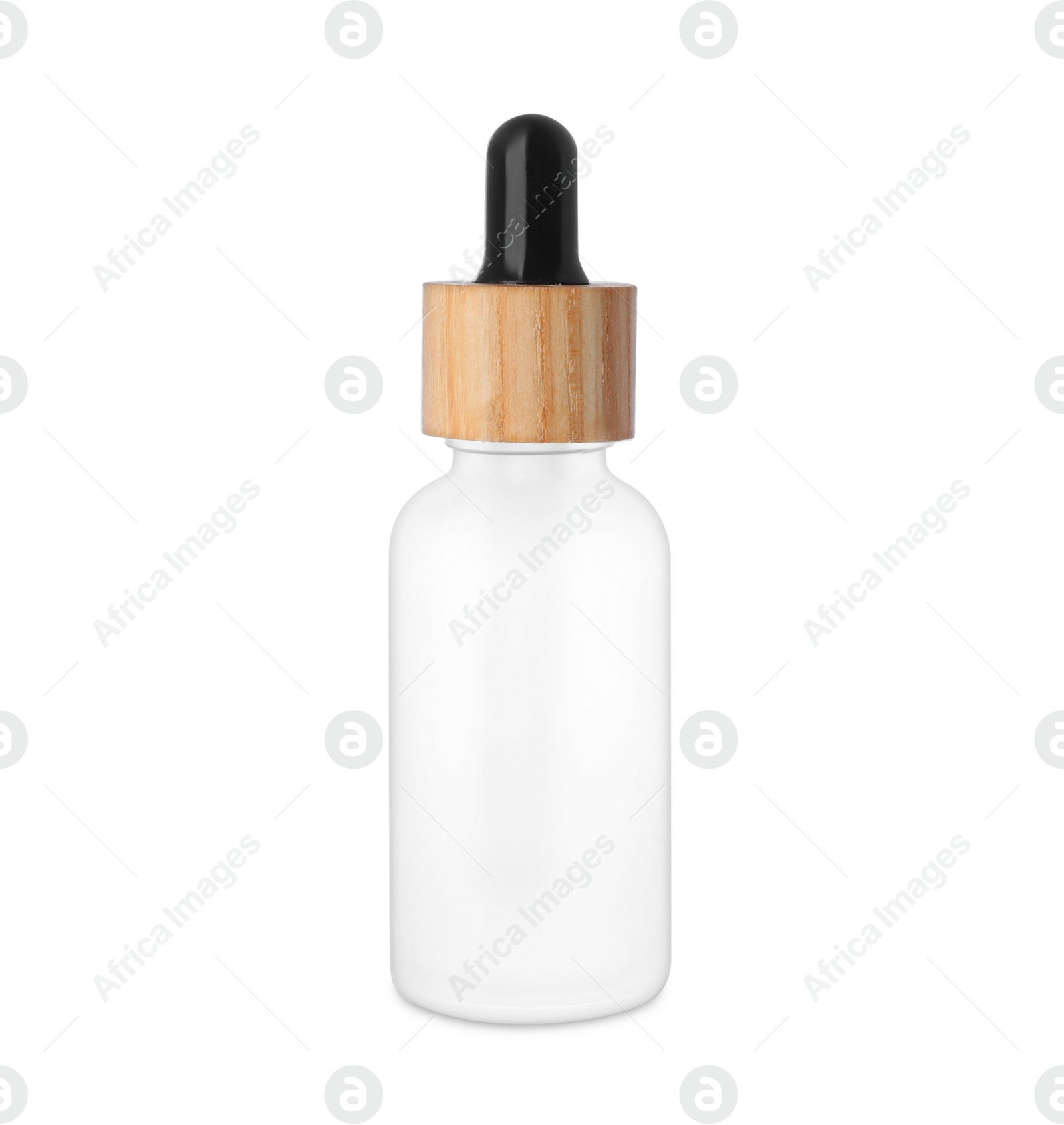 Photo of Bottle of essential oil isolated on white