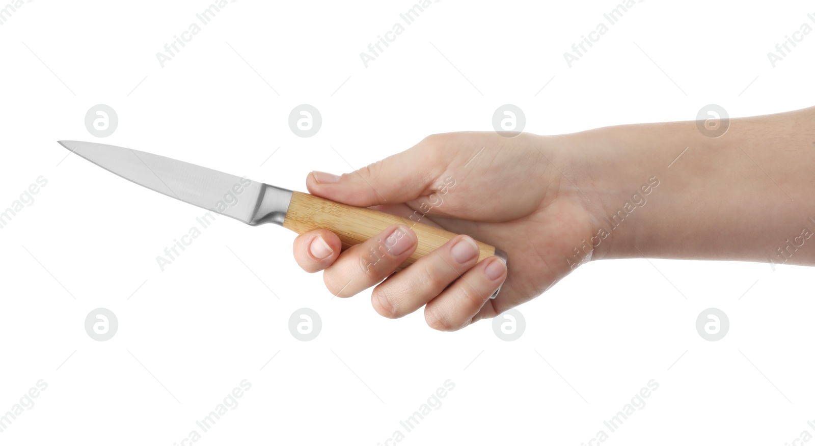 Photo of Woman holding knife on white background, closeup