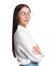 Portrait of young businesswoman on white background