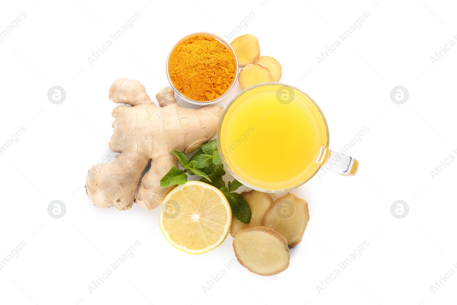 Photo of Immunity boosting drink and ingredients on white background, top view