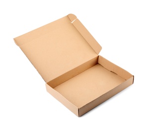 Photo of Open cardboard box on white background. Mockup for design