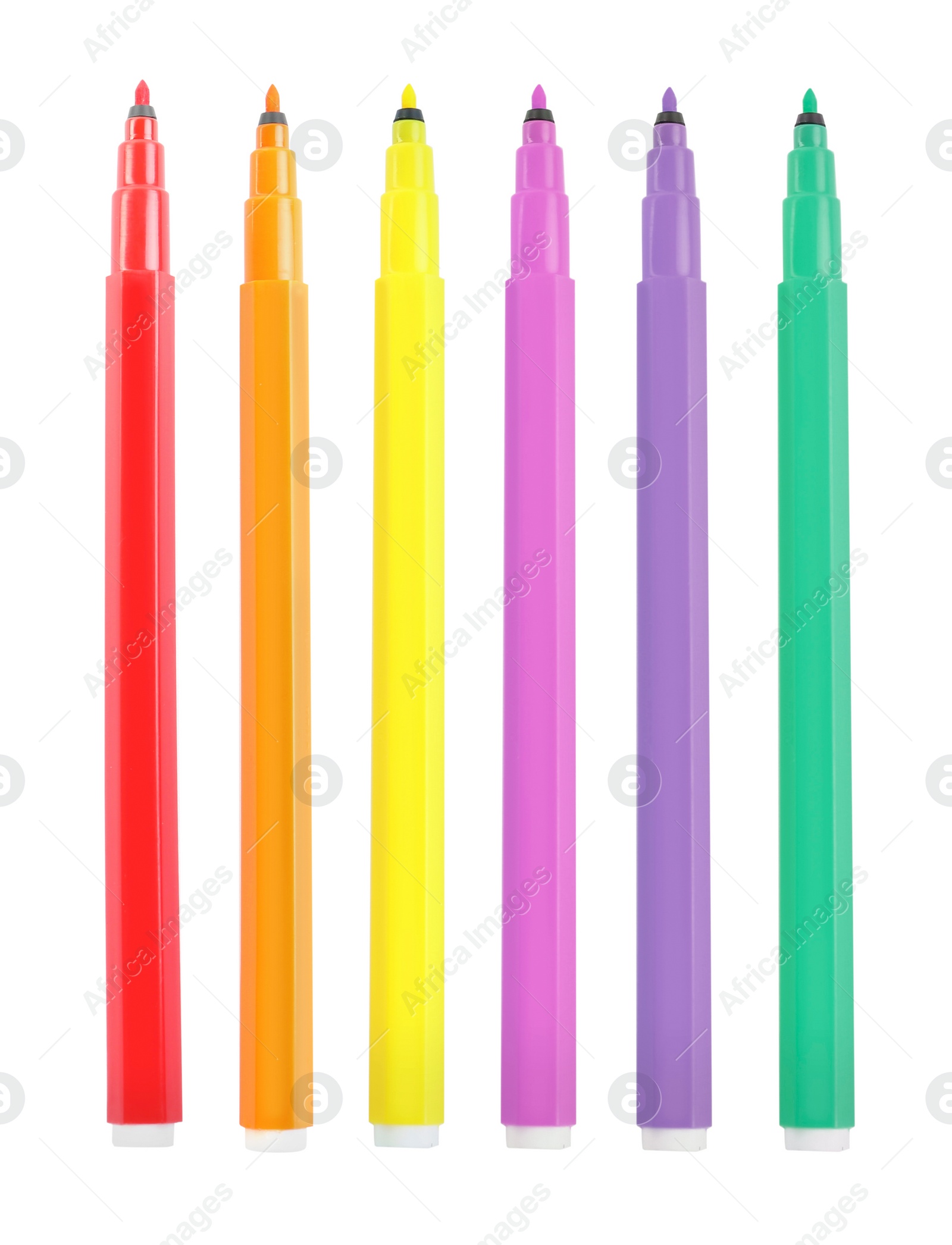 Image of Set with bright multicolored marker pens on white background