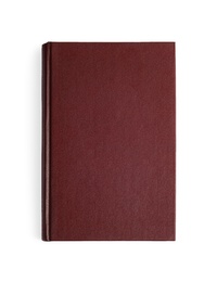 Photo of Book with blank brown cover on white background, top view