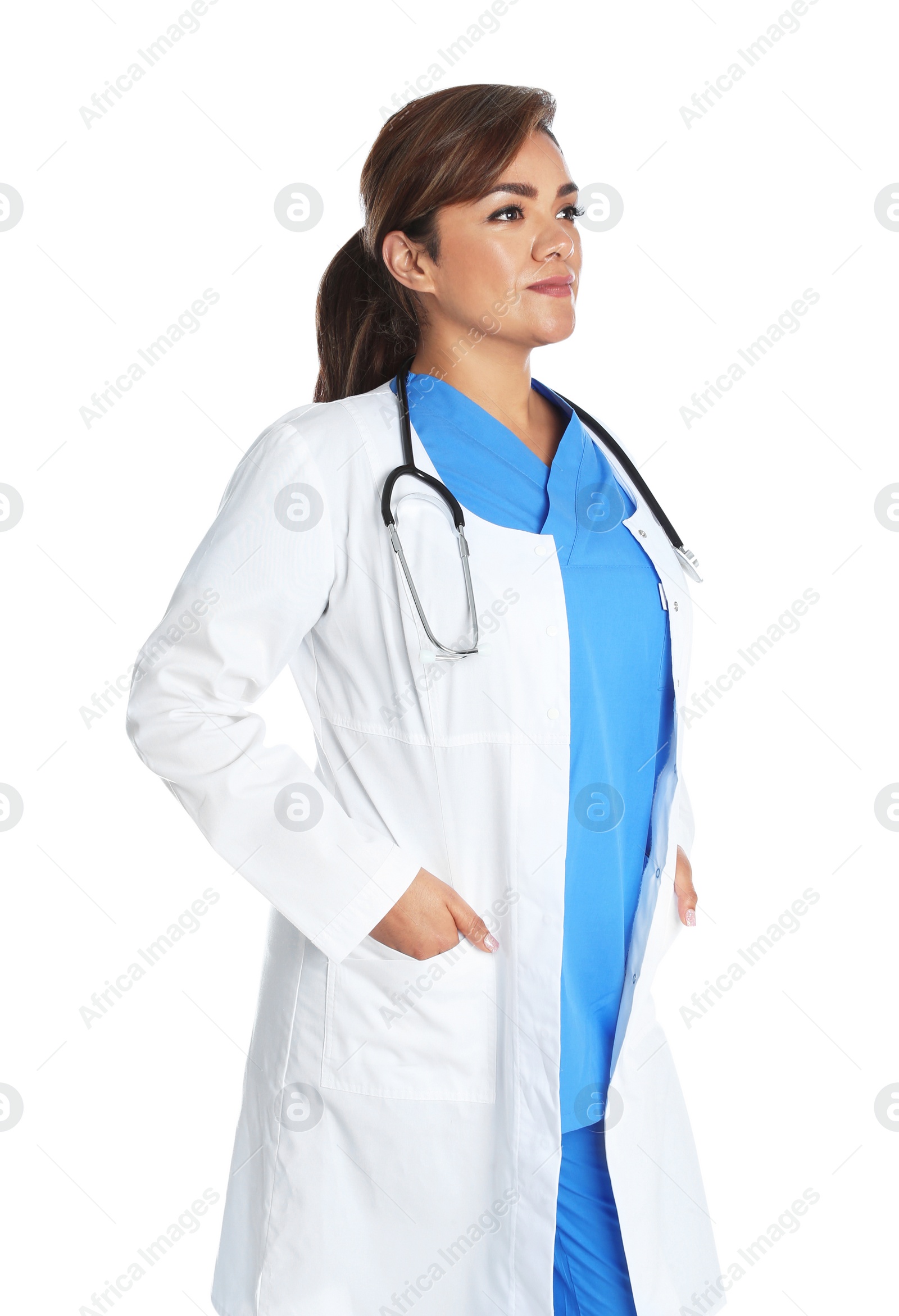 Photo of Portrait of female Hispanic doctor isolated on white. Medical staff