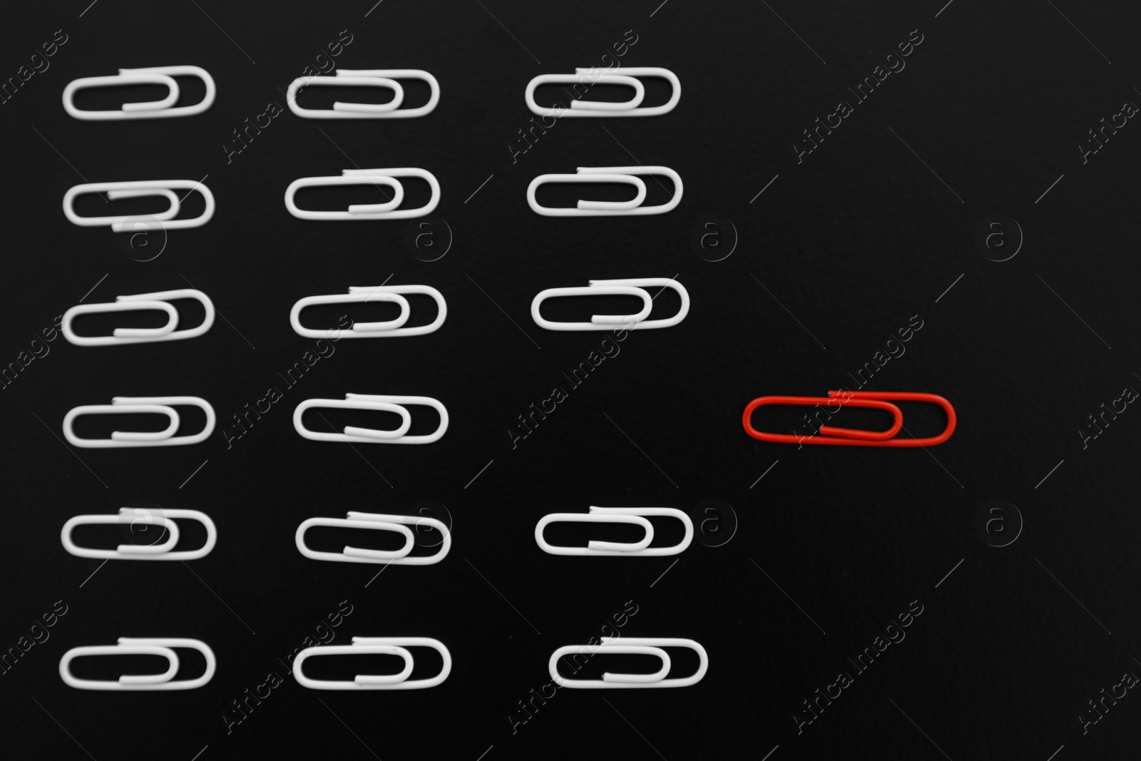 Photo of White paper clips following after red one on black background, flat lay