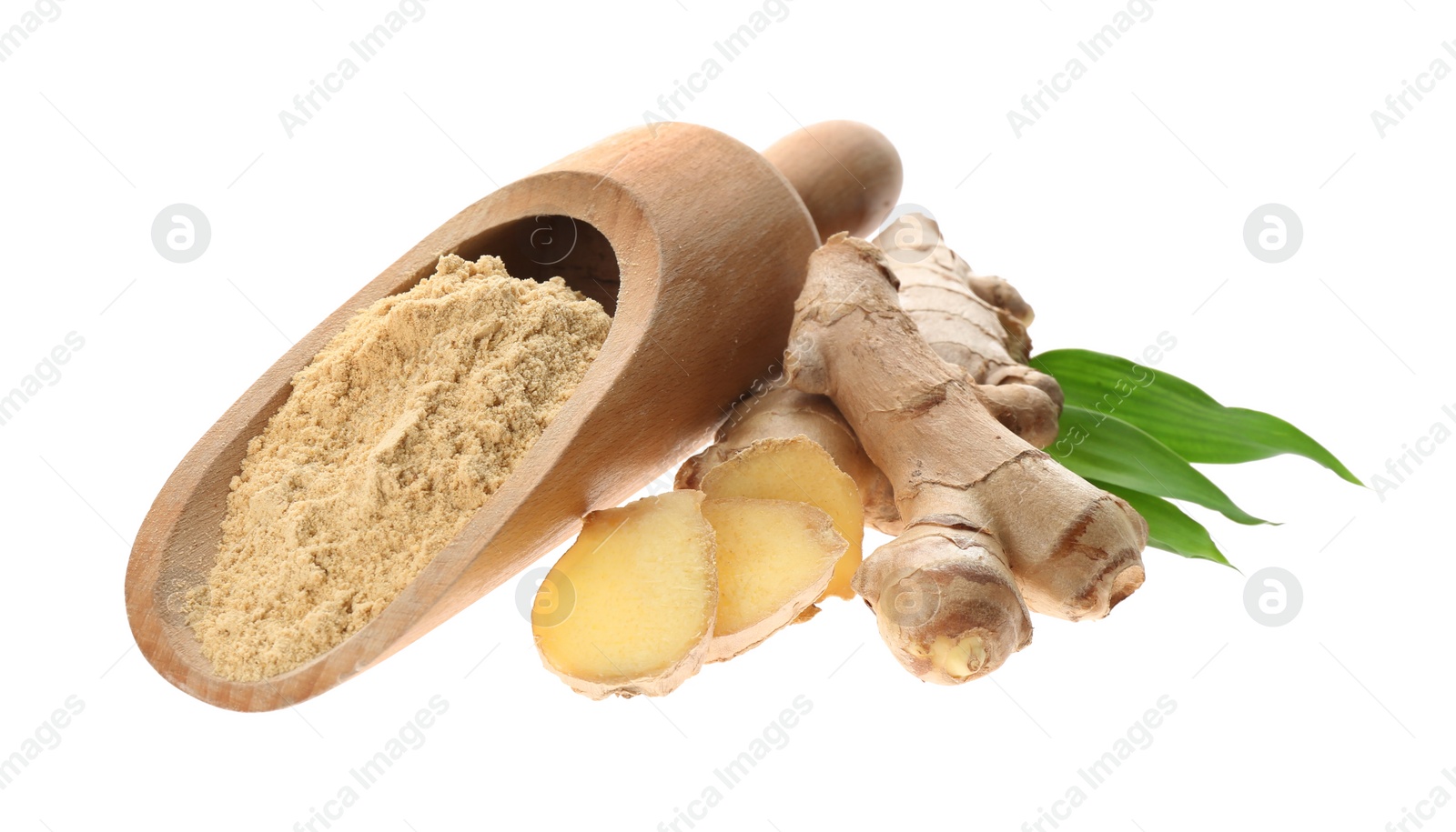 Photo of Dry ginger powder, fresh root and leaves isolated on white