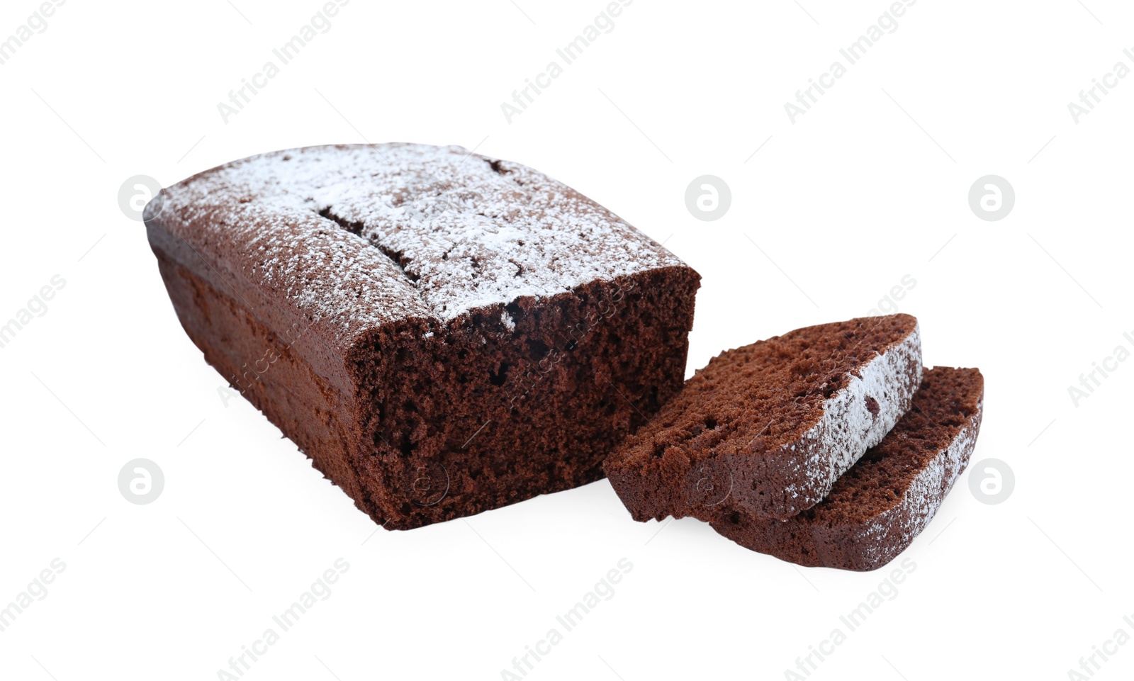 Photo of Tasty chocolate sponge cake with powdered sugar on white background