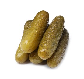 Photo of Pile of tasty pickled cucumbers isolated on white