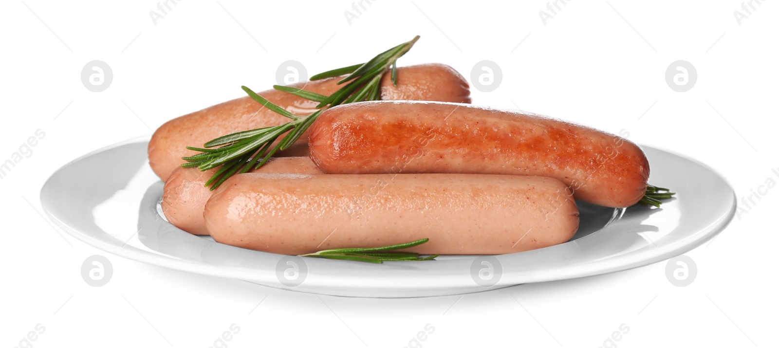 Photo of Delicious vegetarian sausages with rosemary on white background
