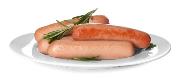 Delicious vegetarian sausages with rosemary on white background