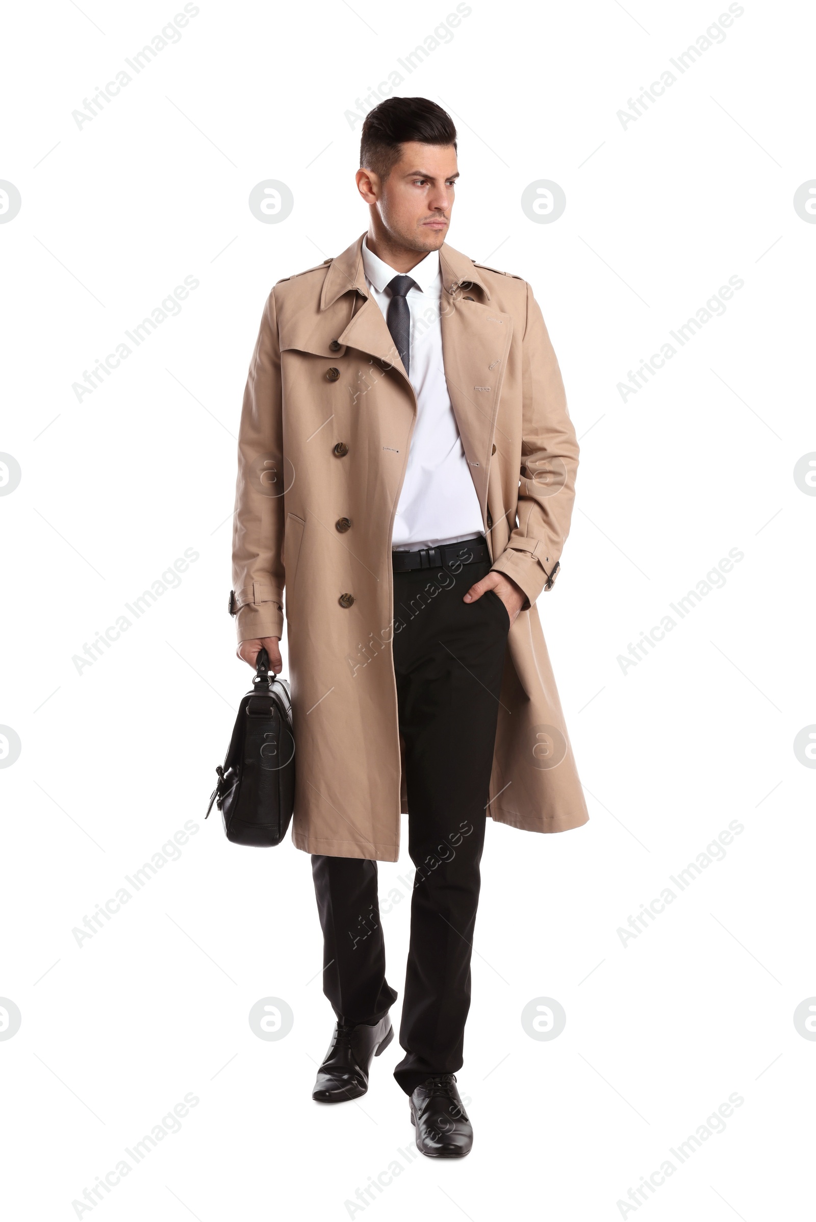 Photo of Businessman in trench coat with stylish leather briefcase on white background