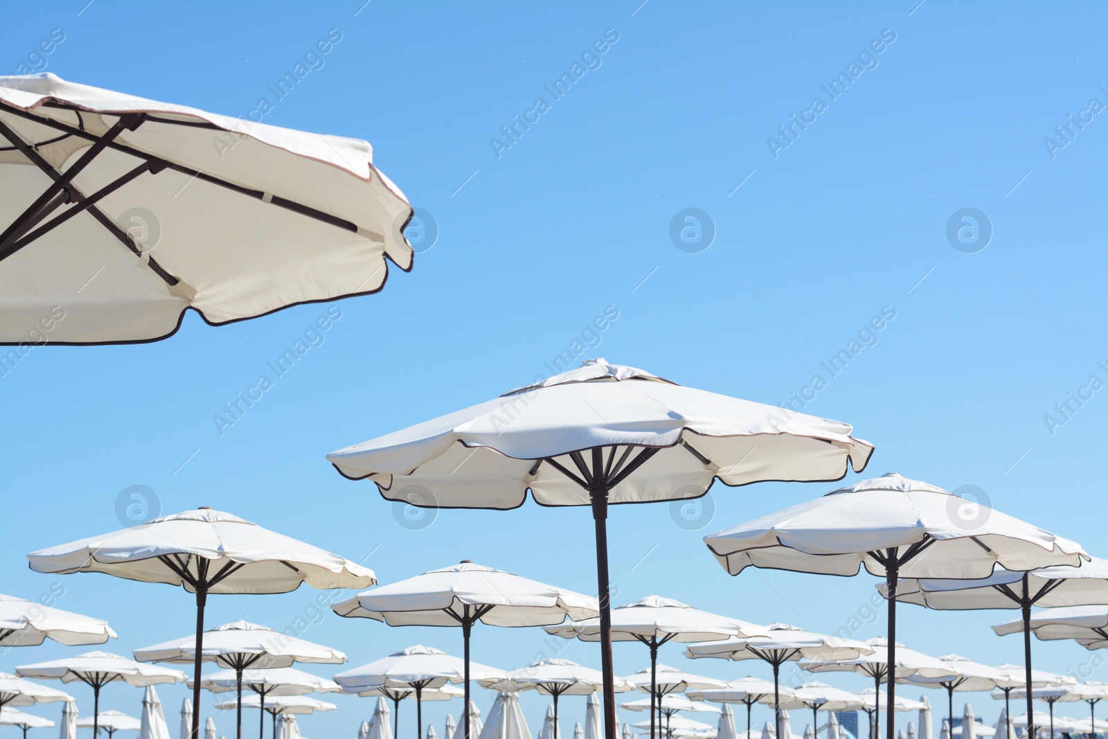 Photo of Beautiful white beach umbrellas against blue sky