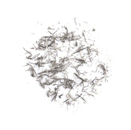 Photo of Pile of grey eraser crumbs on white background, top view