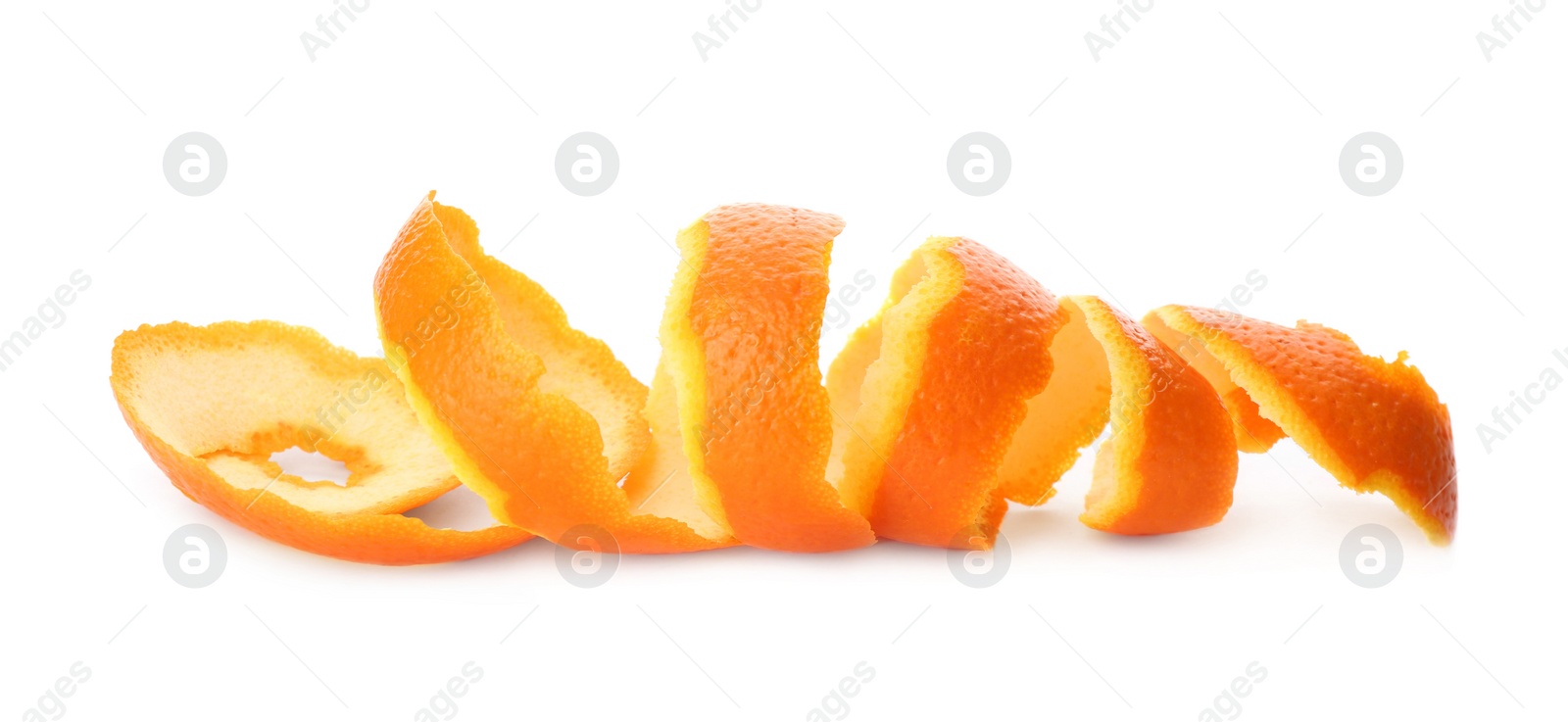 Photo of Spiral orange fruit peel isolated on white