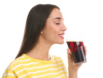 Photo of Beautiful woman with cold kvass on white background. Traditional Russian summer drink