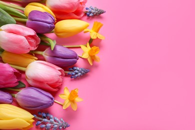 Photo of Beautiful different flowers on pink background, flat lay. Space for text