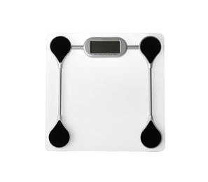 Photo of Bathroom scales on white background, top view. Weight loss concept