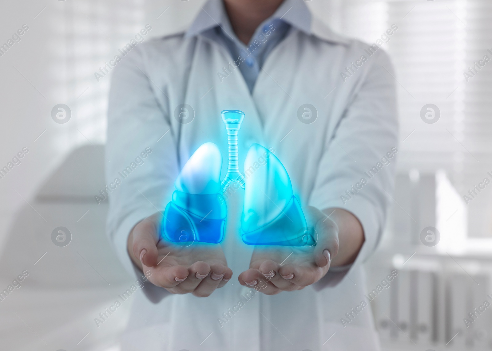 Image of Doctor demonstrating digital image of human lungs indoors, closeup