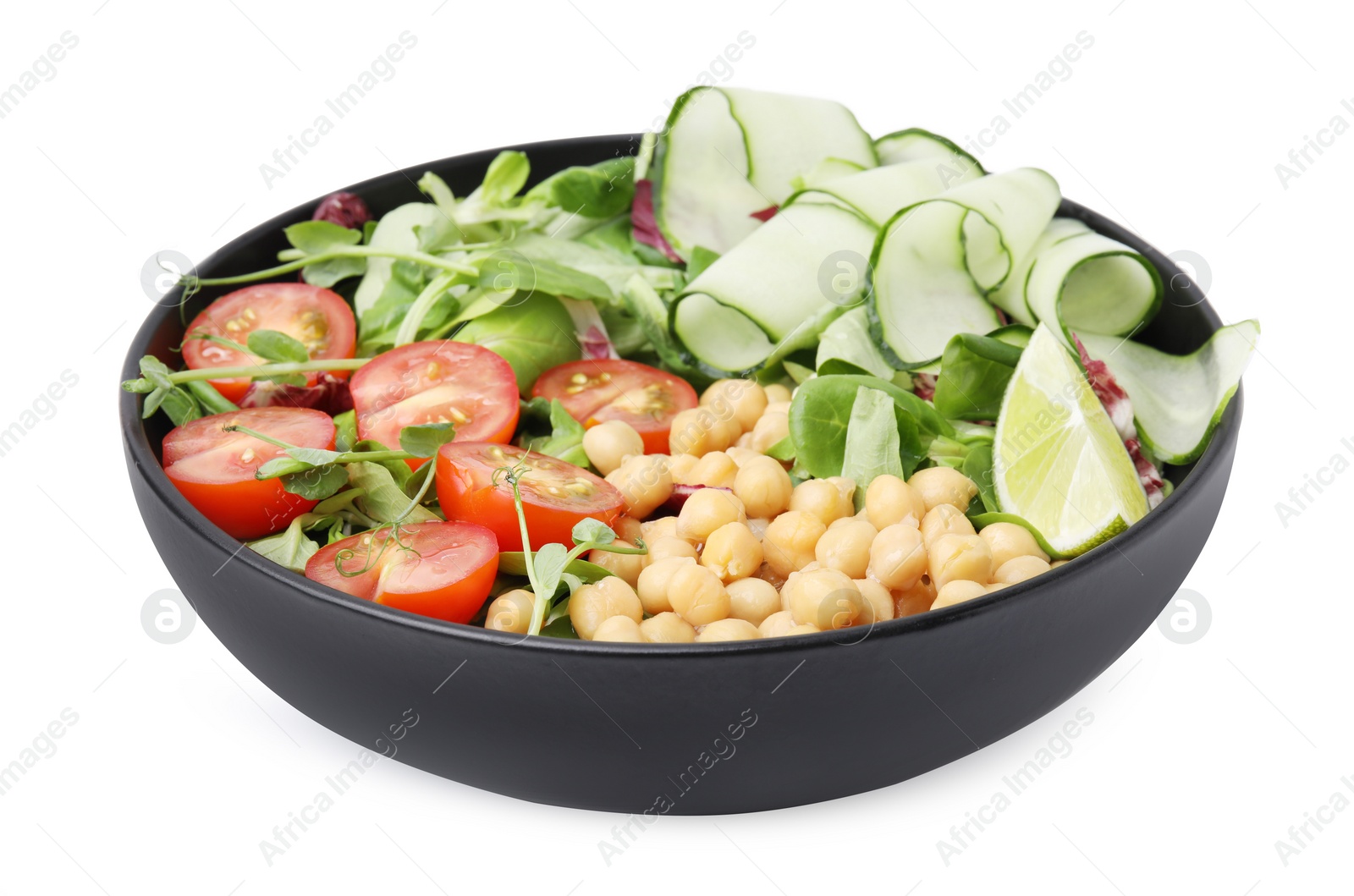 Photo of Tasty salad with chickpeas, cherry tomatoes and cucumbers isolated on white