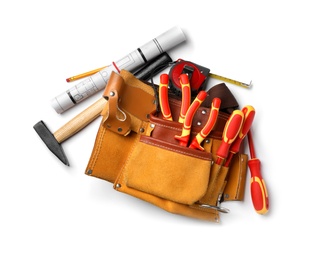 Composition with different construction tools on white background, top view