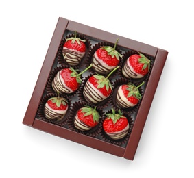 Photo of Box with chocolate covered strawberries on white background, top view