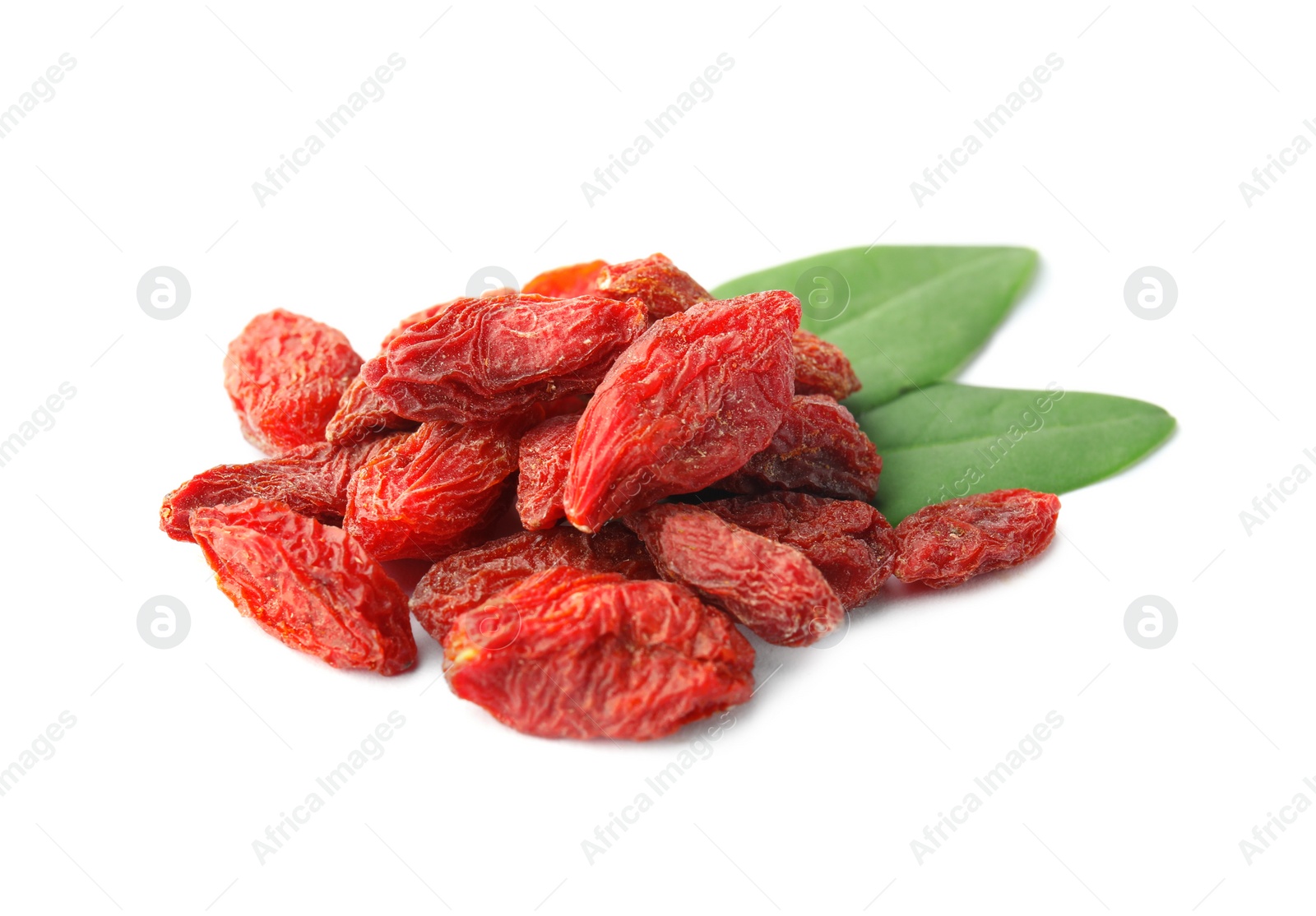 Photo of Pile of dried goji berries and leaves on white background