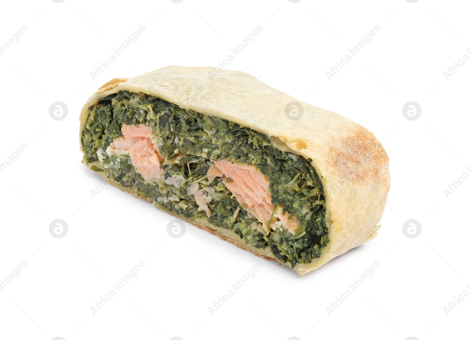 Photo of Piece of tasty strudel with salmon and spinach isolated on white