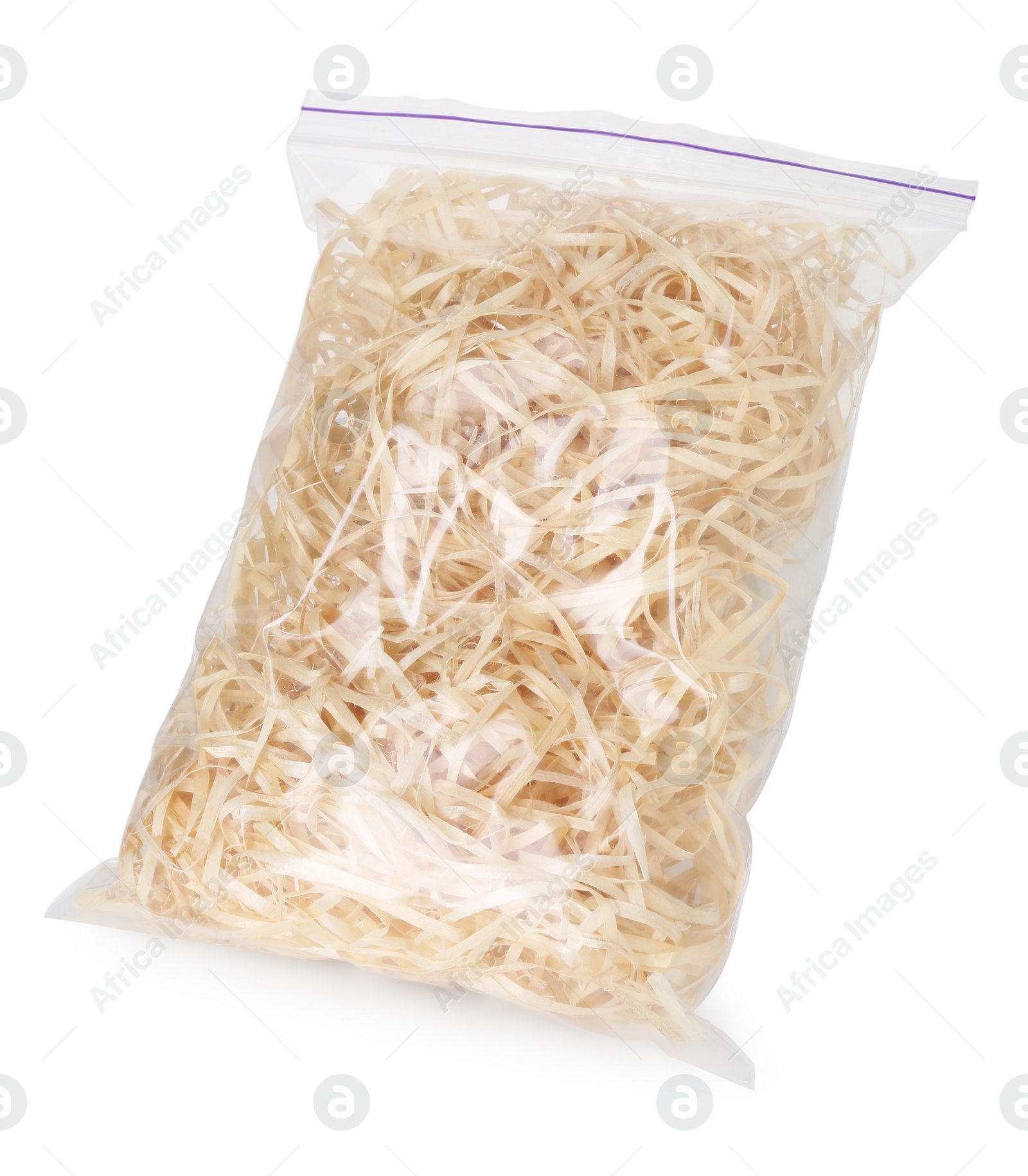 Photo of Natural sawdust in zip bag isolated on white