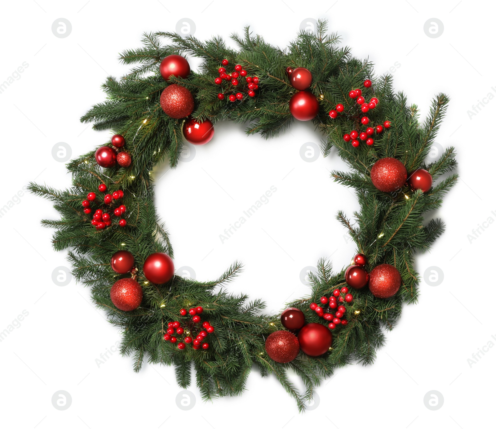 Photo of Beautiful Christmas wreath with festive decor isolated on white, top view