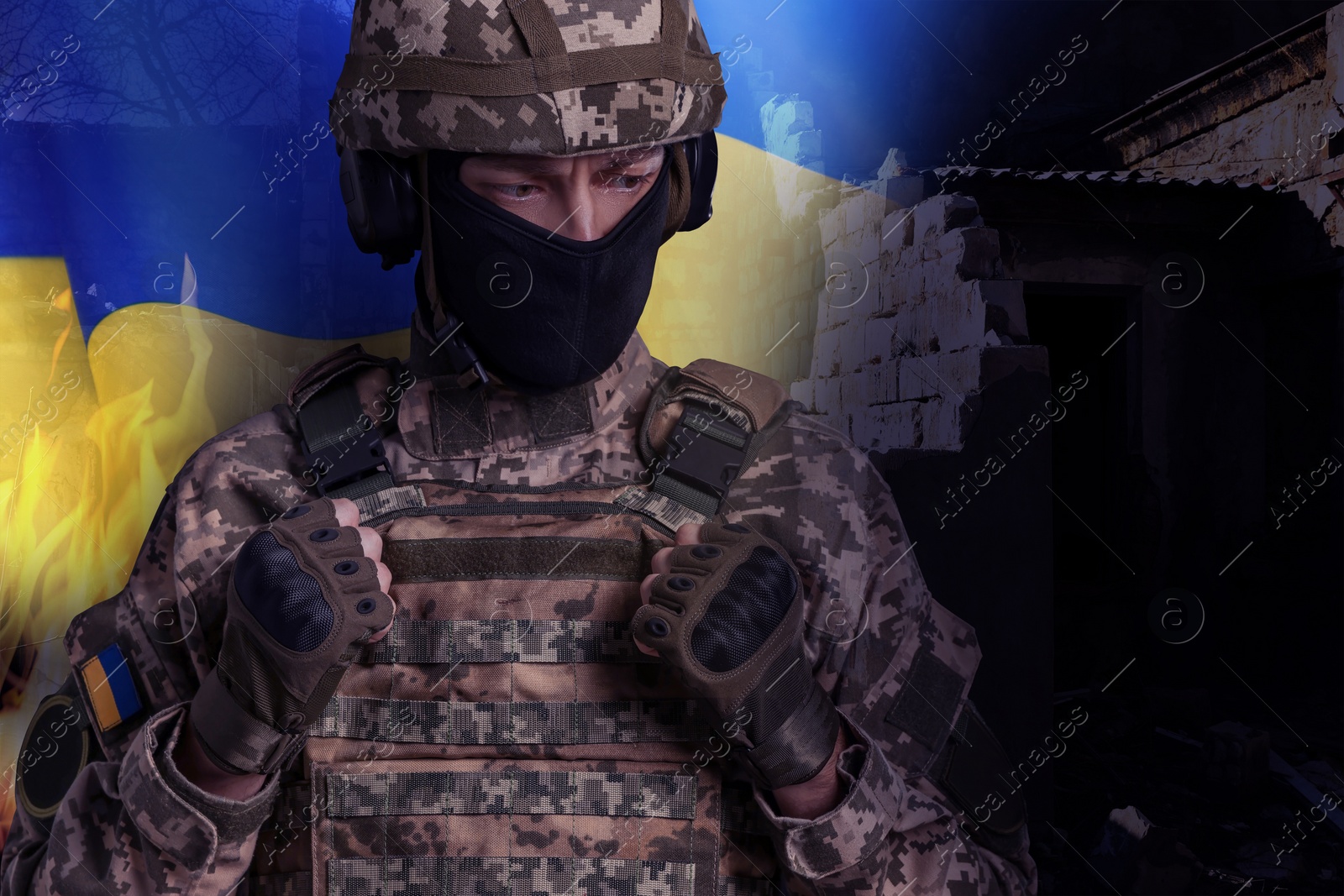 Image of Military, flag of Ukraine and ruined building, double exposure