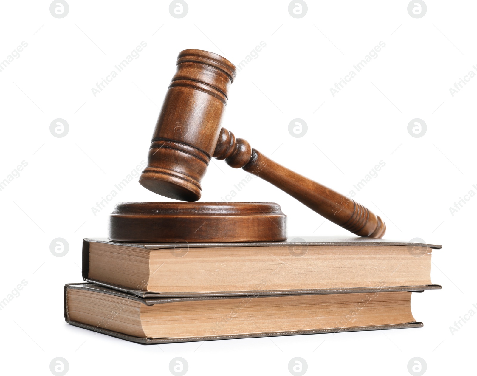 Photo of Wooden gavel and books on white background. Law concept