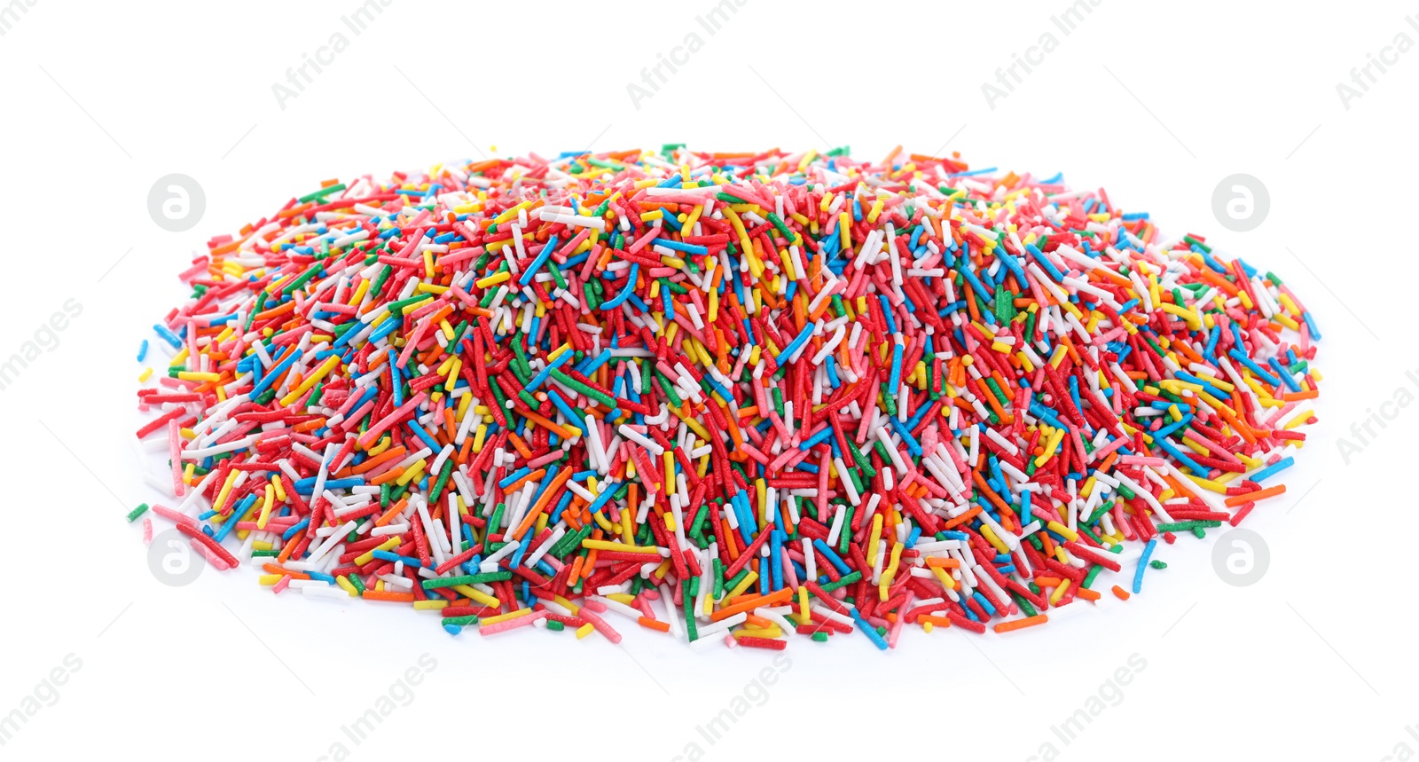 Photo of Pile of colorful sprinkles on white background. Confectionery decor