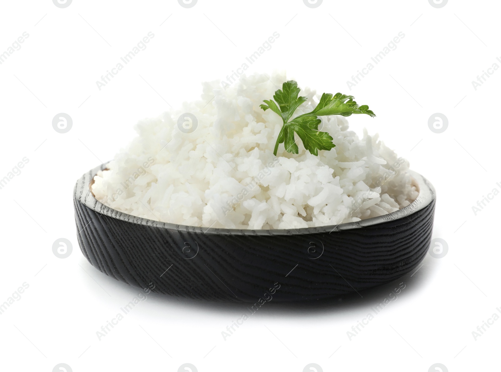 Photo of Bowl of boiled rice on white background